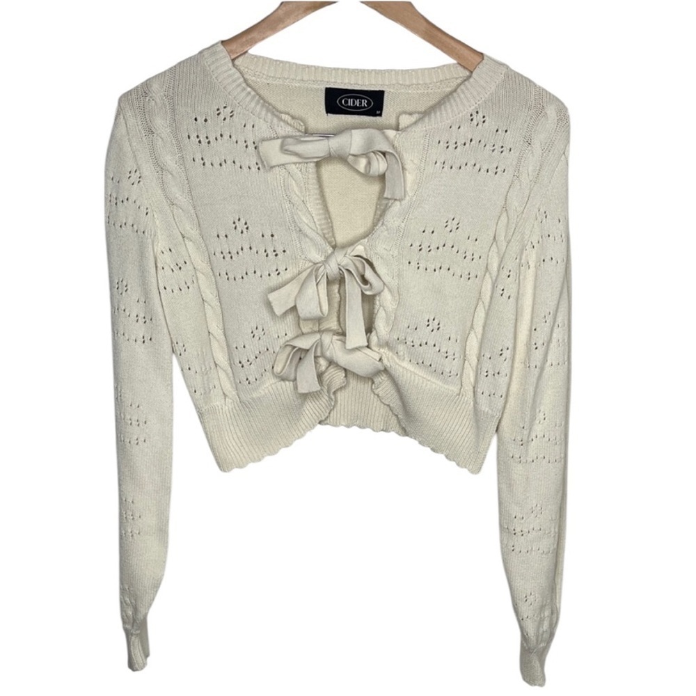Cider Beige 3 Tie Front Cable Knit Cropped Cardigan Women Size M